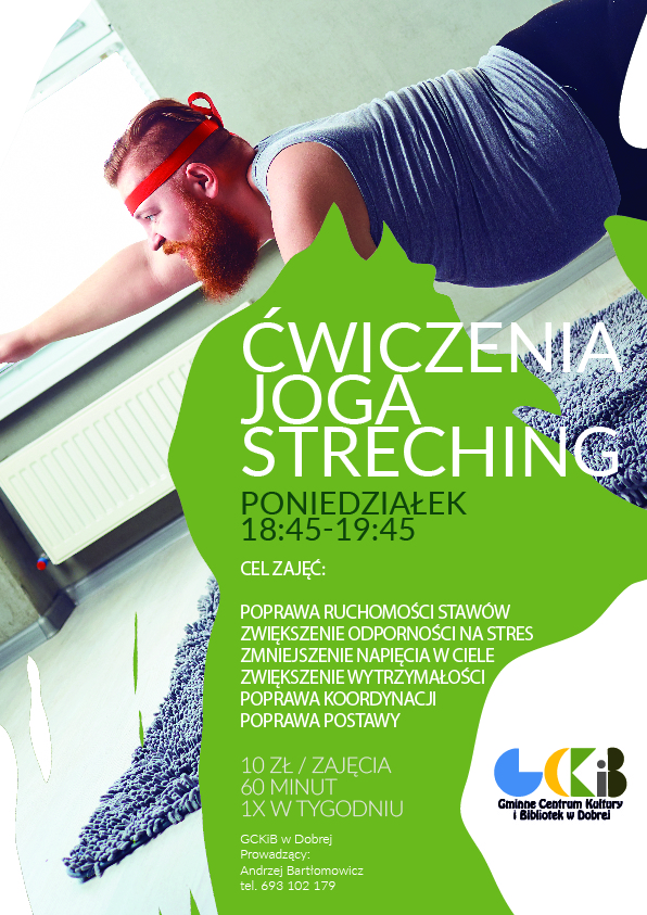plakat promujący zajęcia jogi, a na plakacie ćwiczący mężczyzna