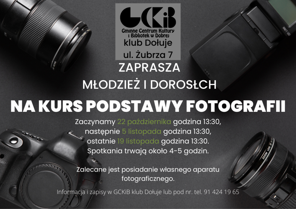 plakat promujący kurs fotografii, a na plakacie obiektyw i części aparatu